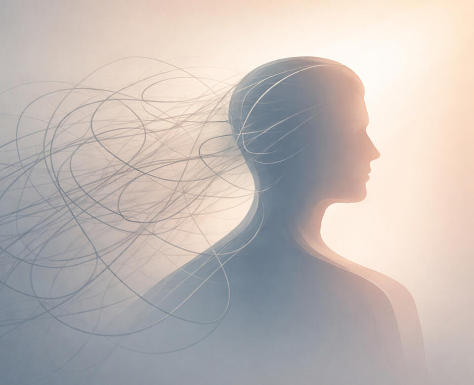 Cognitive Behavioral Therapy for Burnout A conceptual image showing a human silhouette made of overlapping lines gradually becoming clearer and more defined, representing cognitive clarity and burnout recovery, soft gradients, modern editorial style, minimal background