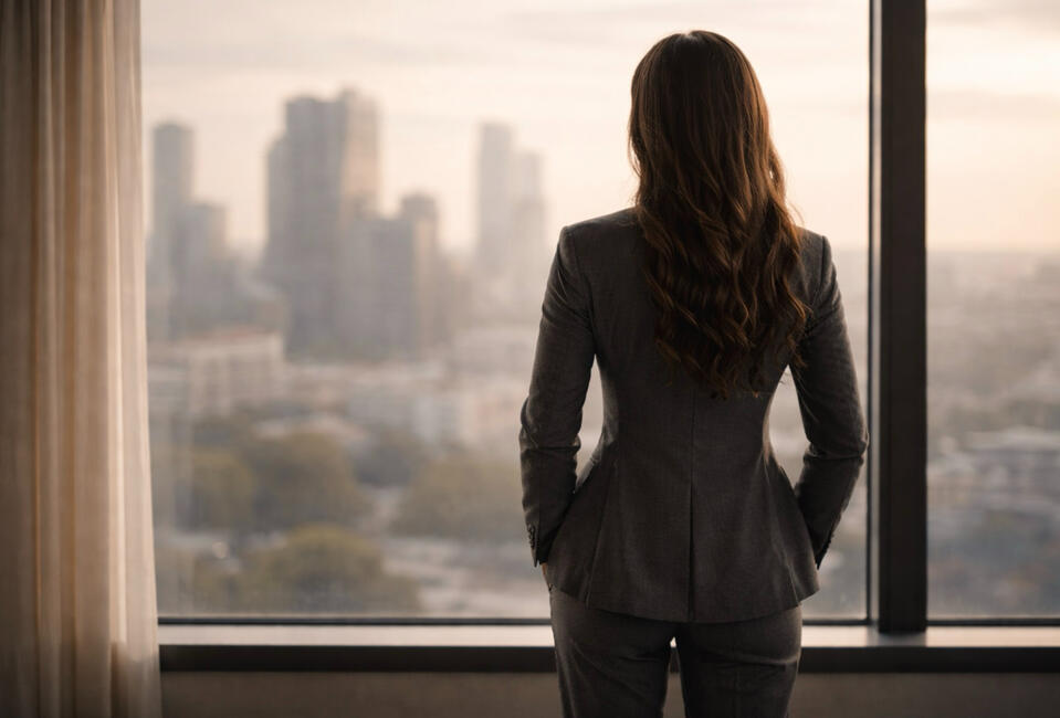 A well-dressed professional seen from behind standing near a window, hands resting calmly, city skyline blurred, reflective and composed mood, muted color palette, premium editorial photography style