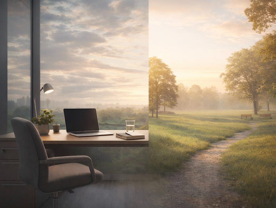 Workplace Burnout Solutions (Coaching & Therapy) A modern office space transitioning into a calm natural environment, such as an office desk blending into a park or open sky, symbolic of workplace burnout recovery, soft lighting, muted colors, editorial photography style